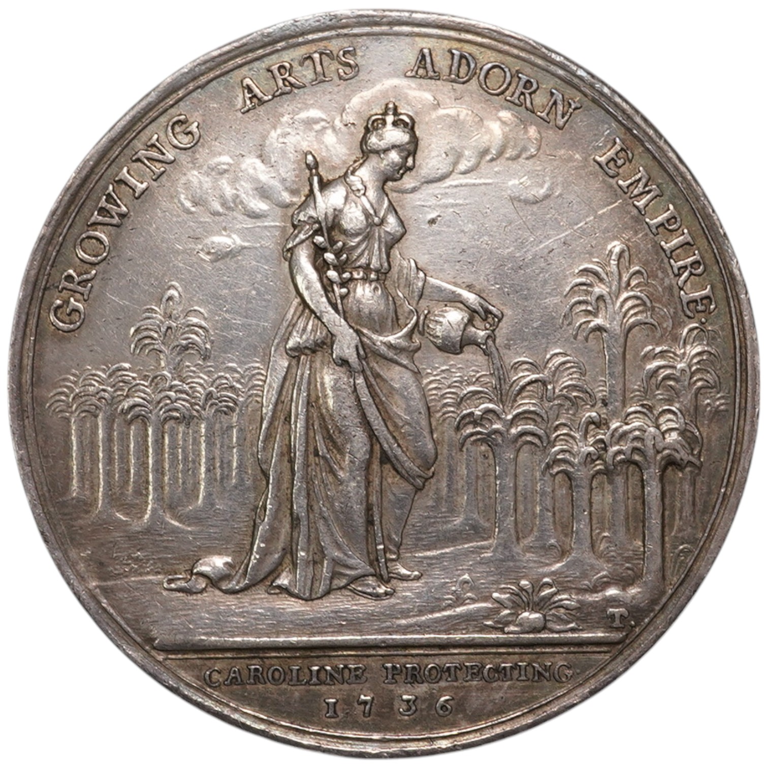 British Historical Medals, Jernegan’s Lottery, 1736, a silver medal by J.S. Tanner, Minerva standing, rev. Queen Caroline watering a grove of palm trees, 39mm, (MI ii, 517/72; W. 1714; E. 537), VF